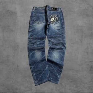 Baggy Japanese Embroidered Jeans Distressed Skull Embroidered Denim Sick Wash
